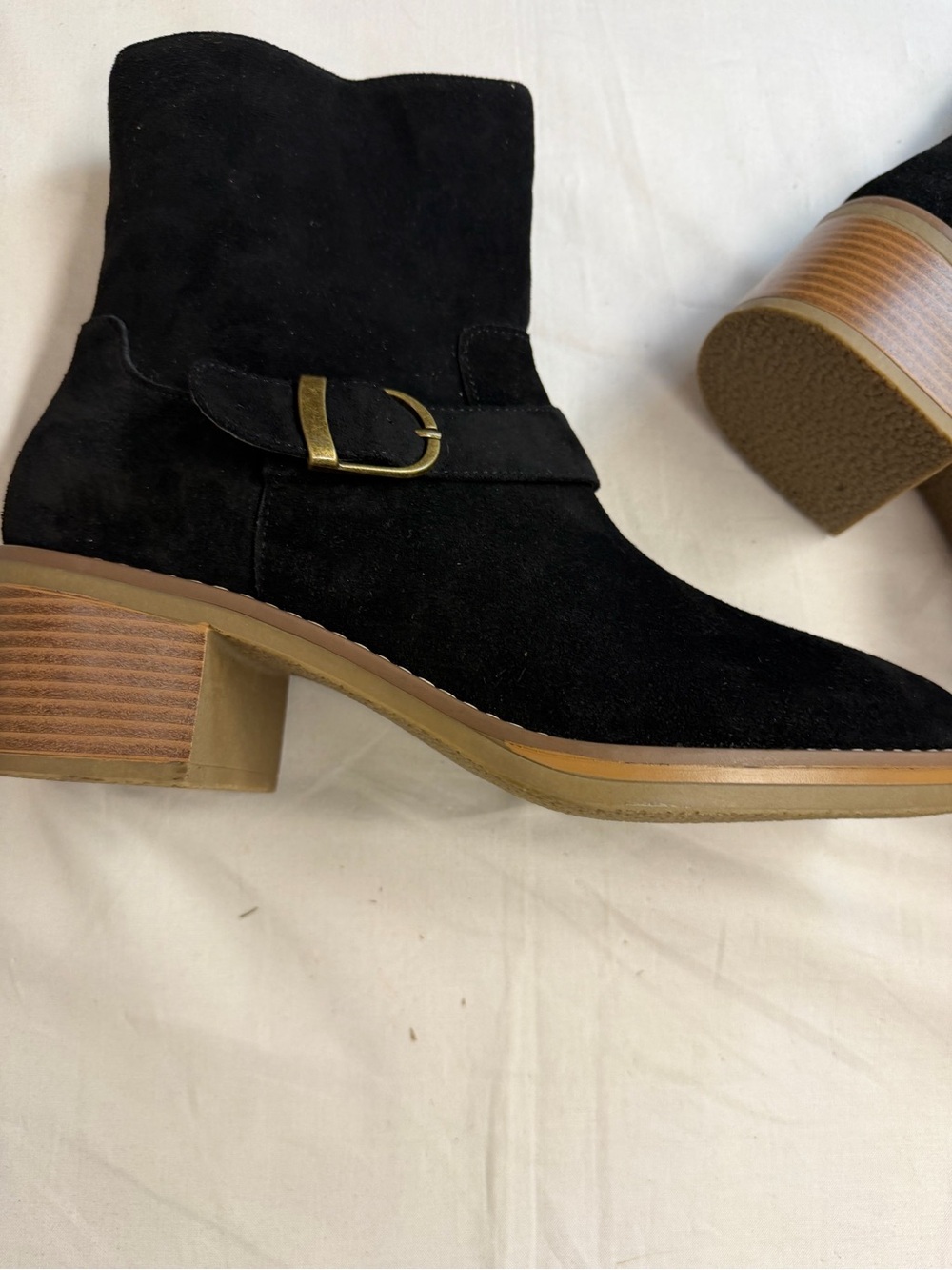 Black Suede Ankle Boot with Buckle Detail - Women